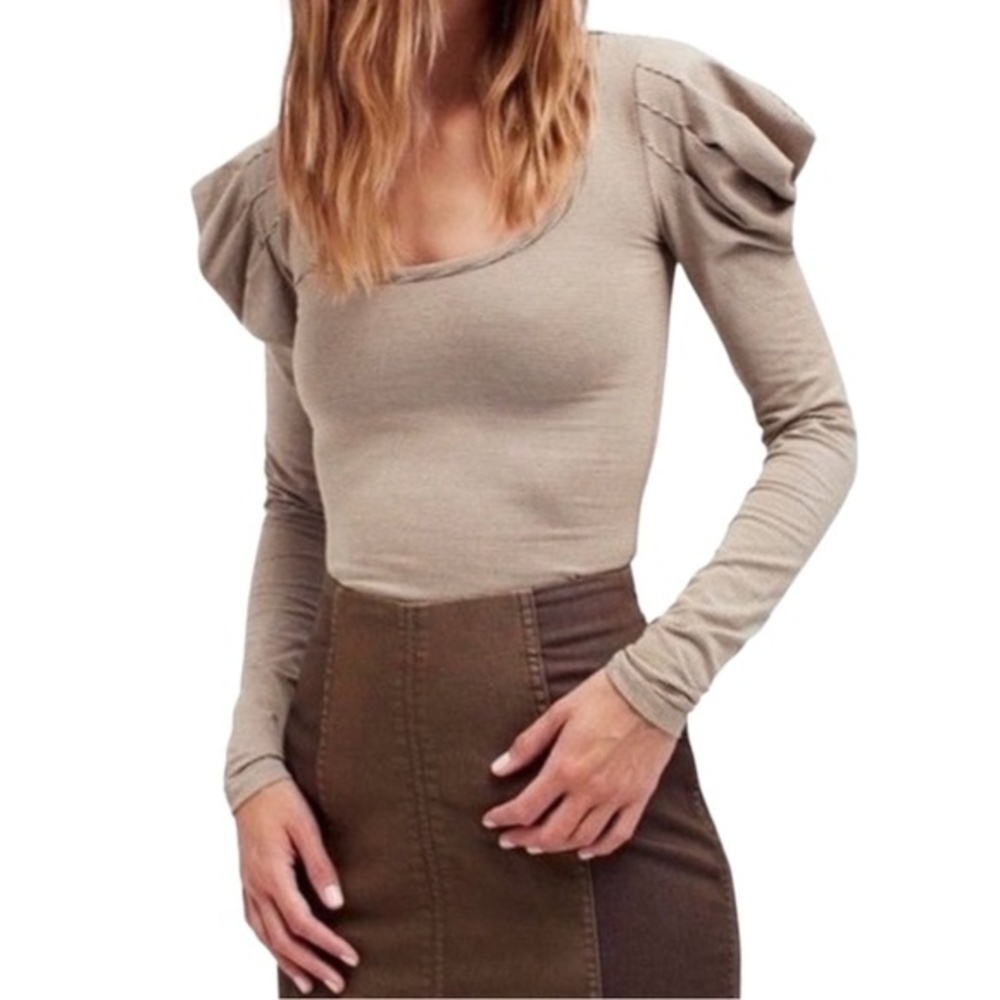 Free People Penelope Tan Striped Knit Top Long Ruched Puff Sleeves Size Medium